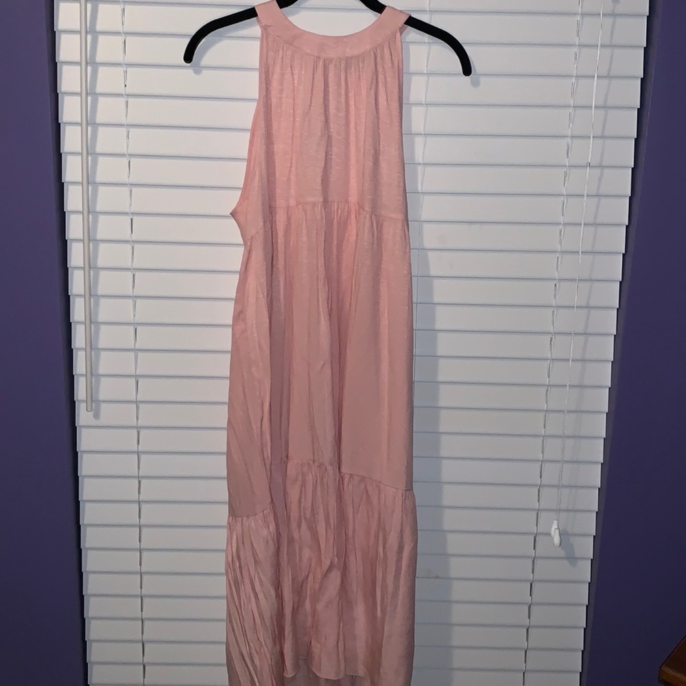 High neck linen pink dress